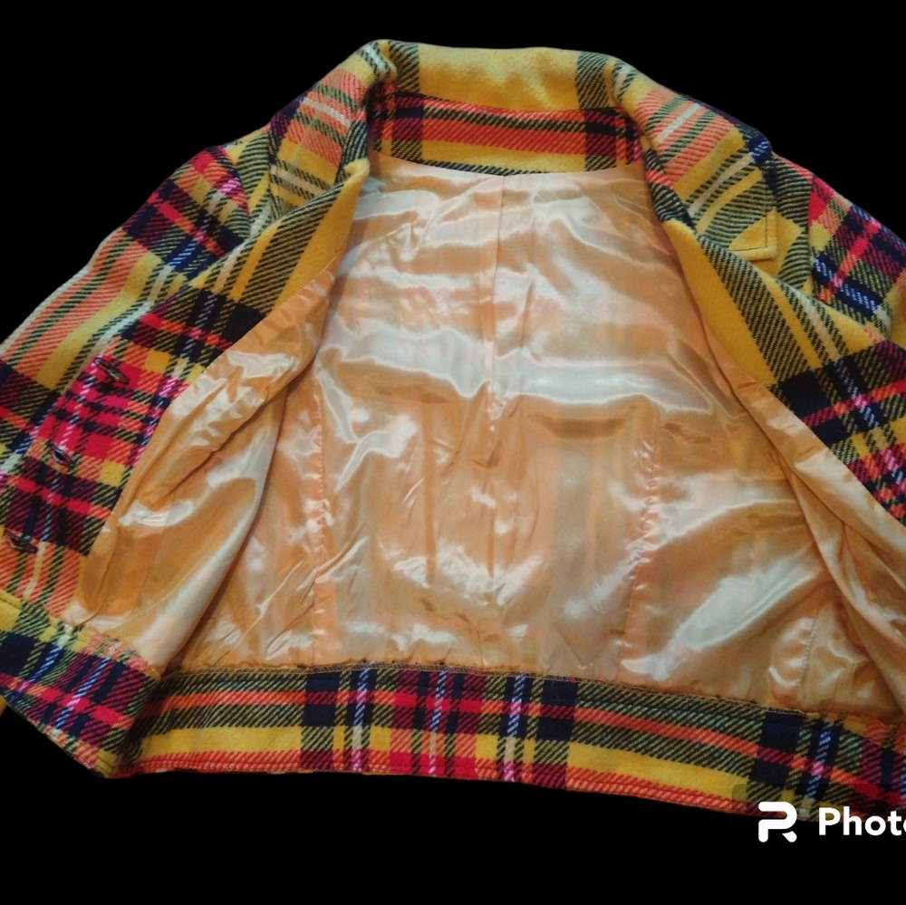 Vintage 1970's Handmade Plaid Button-up Jacket-Women's Small-Yellow, Black & Red - Picture 5 of 8